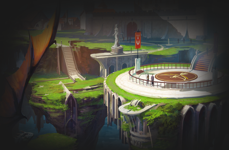 Fantasy citadel overlooking a mountain landscape